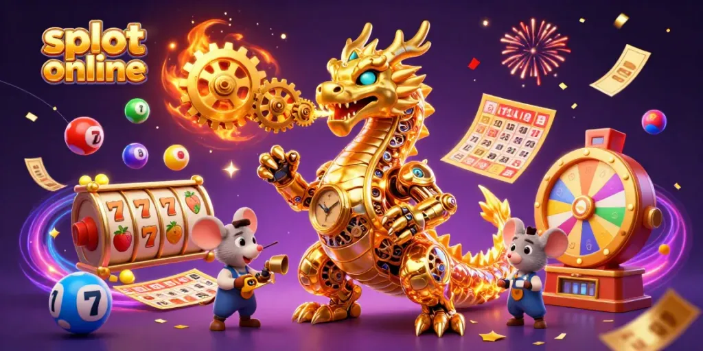 Experience thrilling slot online action with vibrant game elements and a golden dragon illustration.