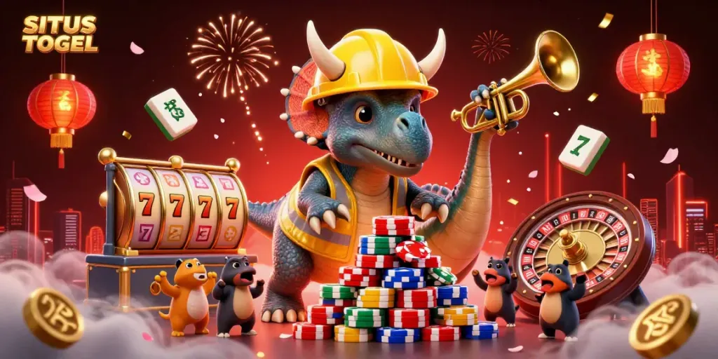 Merayakan kemenangan di SITUS TOGEL dengan triceratops membangun piramida chip poker dan karakter lain.