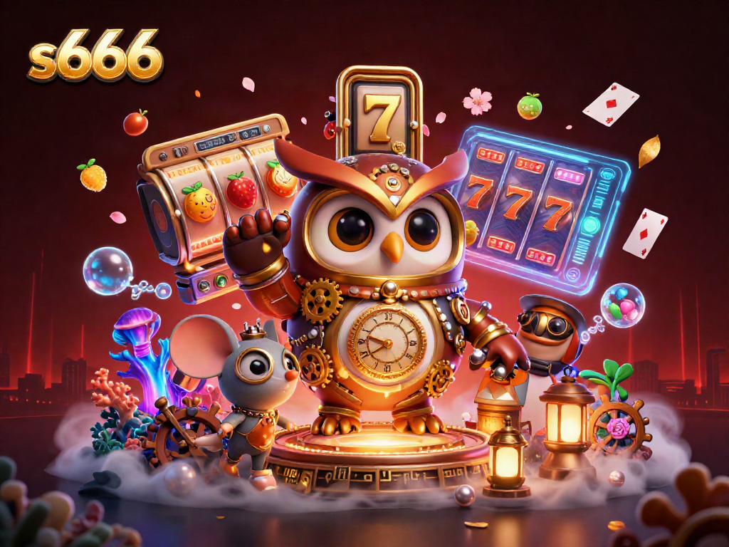 Engage with exciting s666 slot gameplay featuring a steampunk owl surrounded by vibrant casino elements.