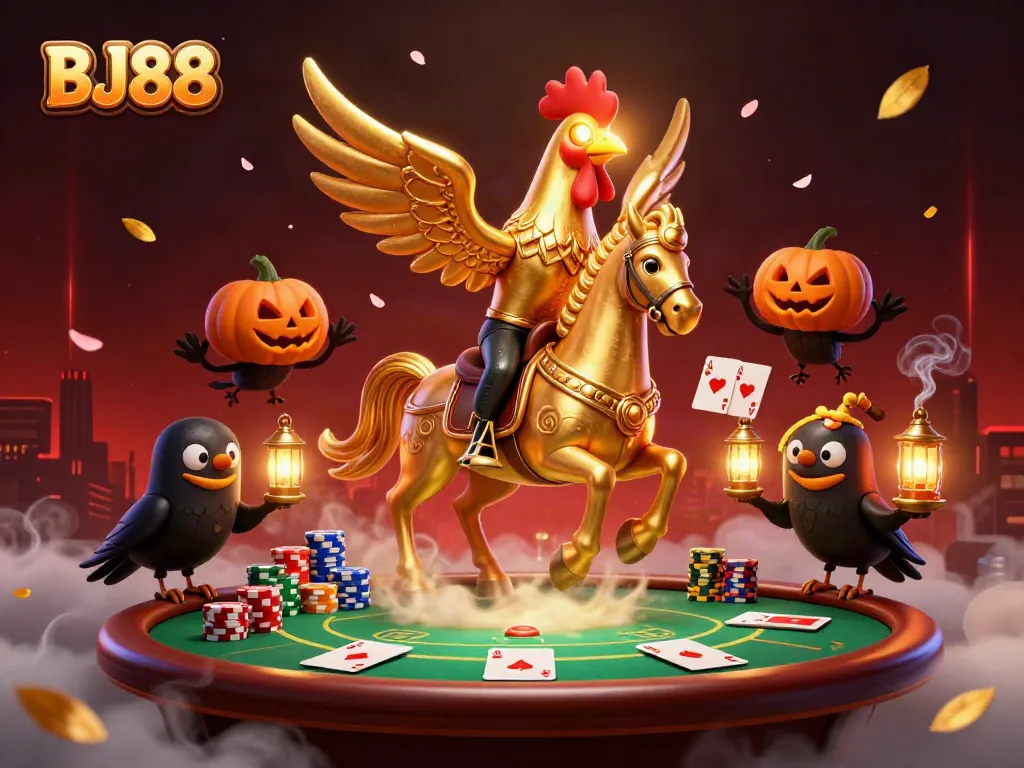 BJ88 casino scene featuring a golden rooster and spectral horse amidst dynamic poker elements.