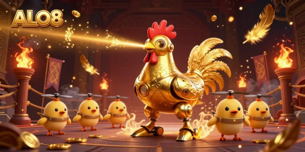 Experience the action at ALO8's dynamic betting scene with a golden rooster robot and chicken drones.