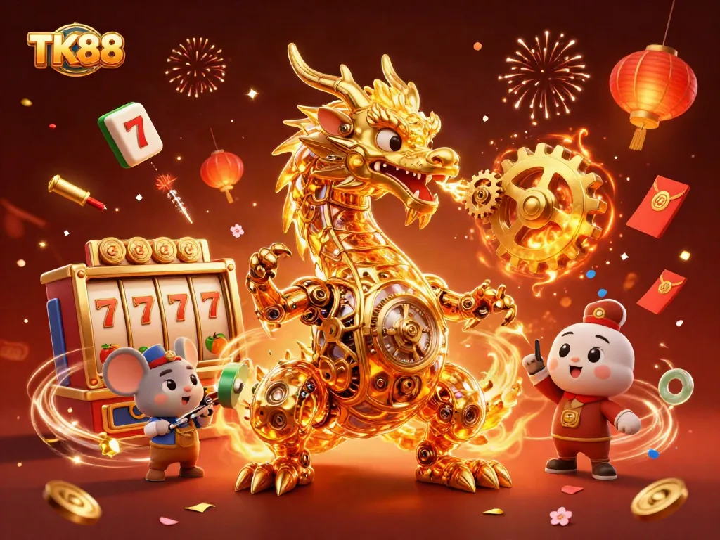 Engage with the magical world of TK88 featuring a golden dragon, slot reels, and casino elements.