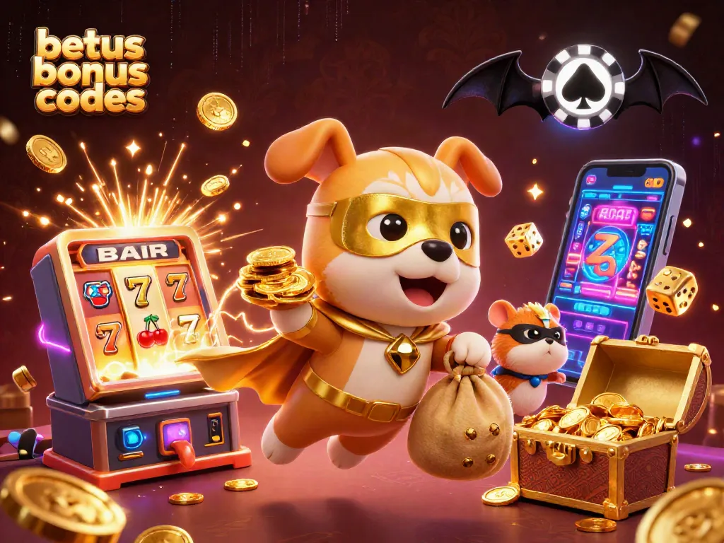 Explore current BetUS bonus codes with a superhero dog and fun casino elements in action.