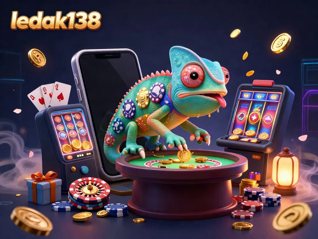 Gamer menikmati slot gacor malam ini di LEDAK138 dengan smartphone dan koin emas berkerlip.