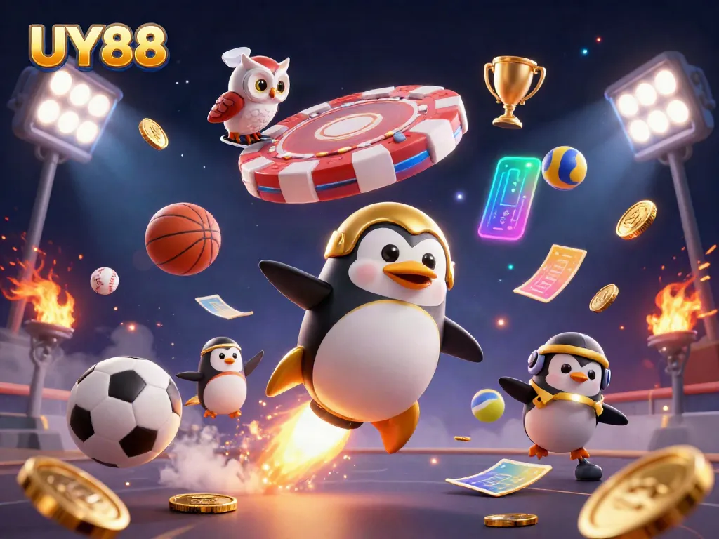 Experience thrilling gaming with UY88 in a vibrant 3D casino illustration featuring dynamic sports elements.