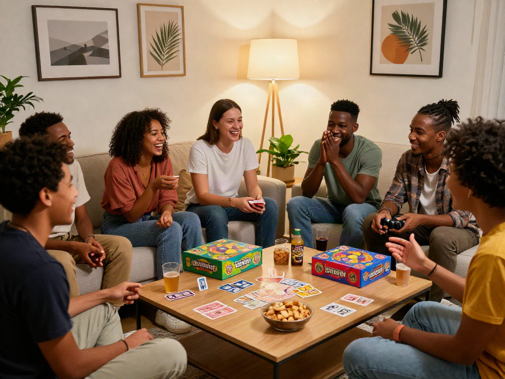 Group of friends enjoying interactive sex games in a cozy living room, creating a playful and inviting atmosphere.