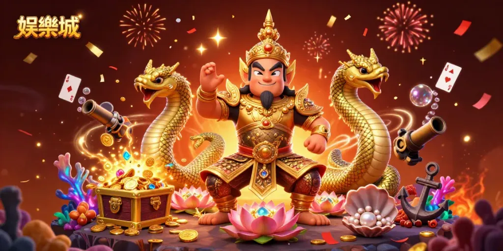 在娛樂城中,泰國廟守護者和海蛇伴侶一起慶祝贏得豐厚獎金。