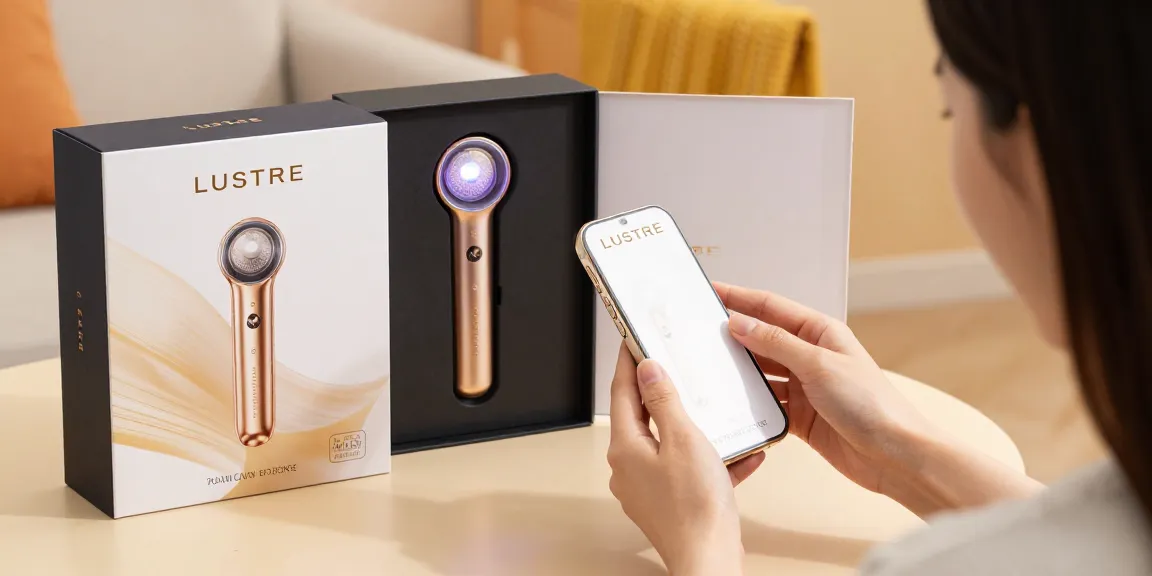 Un produs LUSTRE LED în ambalaj premium, ideal pentru cumpărături online și recenzarea produselor pe platformele e-commerce.