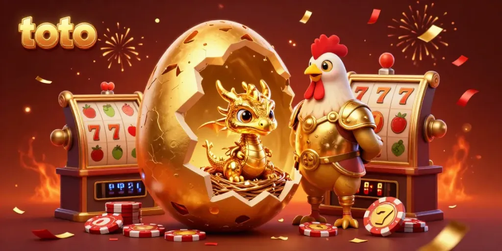 Engaging 3D scene showcasing a golden egg revealing a baby dragon among casino elements celebrating 'toto'.