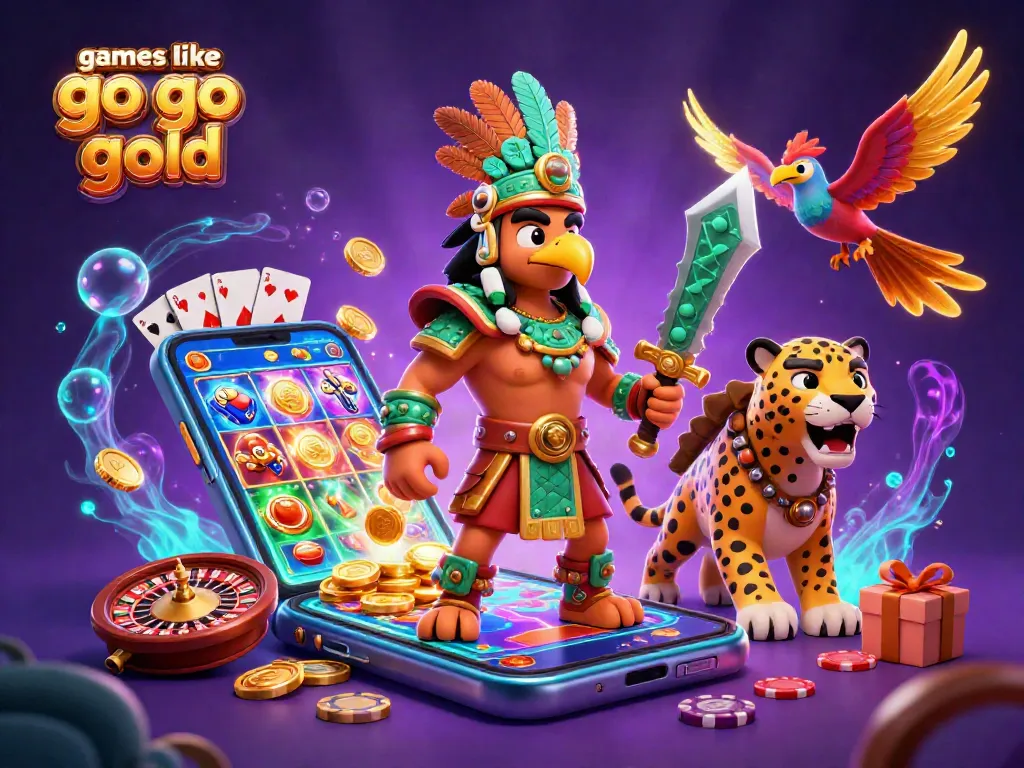 Win exciting prizes while exploring games like Go Go Gold in a vibrant 3D casino illustration.