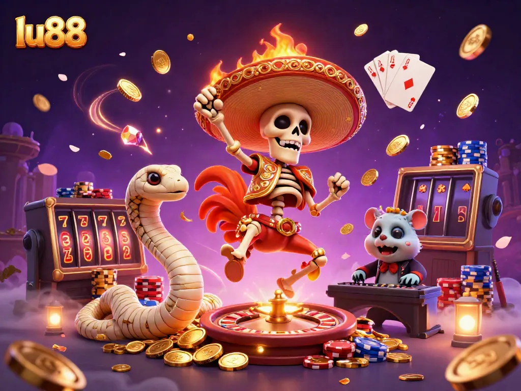 Experience thrilling games at LU88's online casino with vibrant characters and sparkling gold.