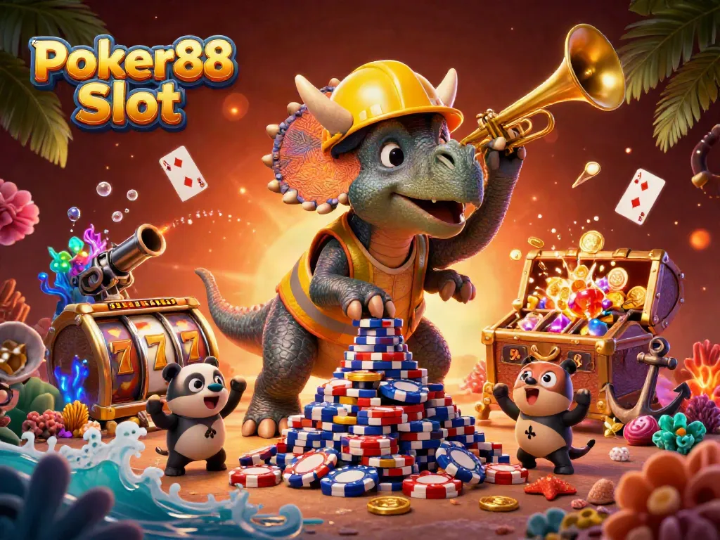 Experience Poker88 Slot with dynamic characters building excitement in a captivating 3D gaming scene.
