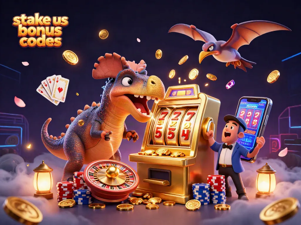 Engage with stake us bonus codes as a cartoon dinosaur wins jackpot coins in a lively casino scene.