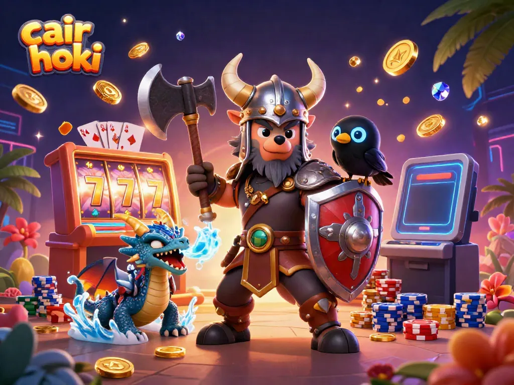 Gambarlah cair hoki dalam ilustrasi 3D dengan karakter kasino dan elemen permainan menonjol.