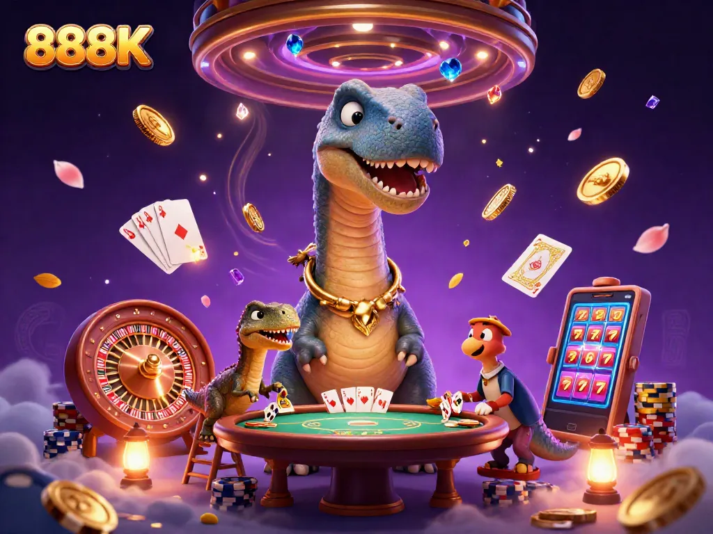 Experience the excitement of 888K casino with a playful brontosaurus and dynamic gaming elements.