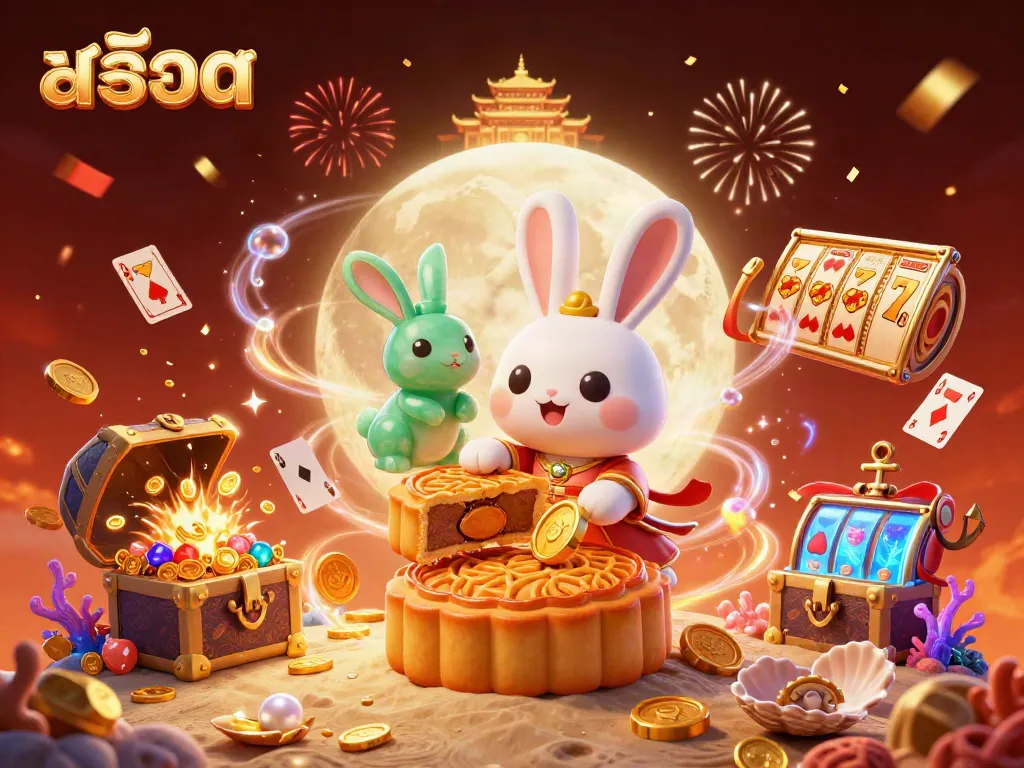 Play สล็อต to unlock jackpots while a moon rabbit pounds mooncakes revealing poker chips.