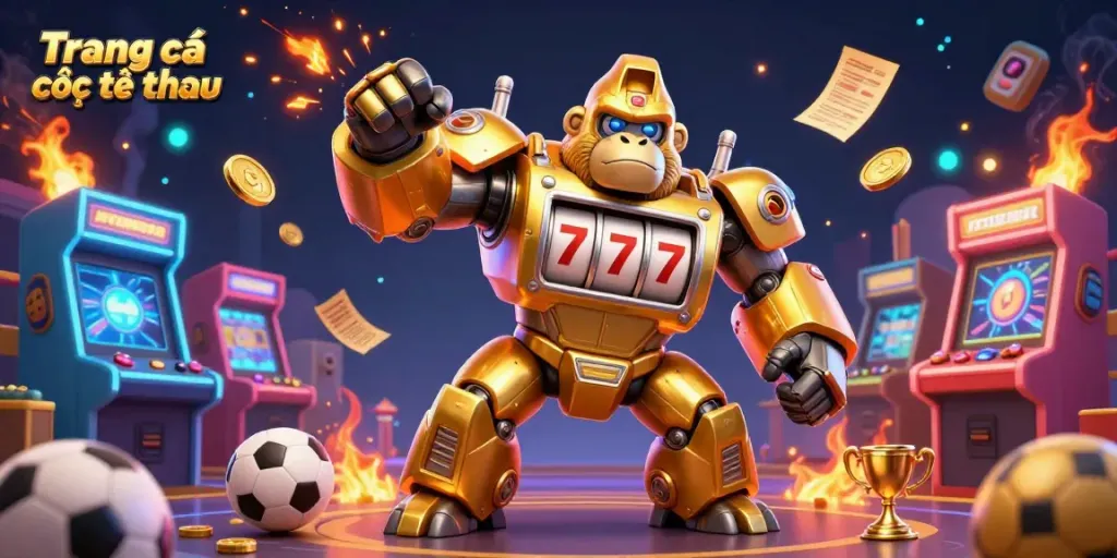 Experience sports betting excitement with Trang cá cược thể thao in an explosive 3D illustration featuring a mechanical gorilla.