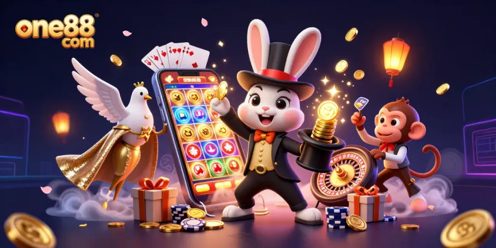 Experience the excitement of one88 com with a 3D magician rabbit, dove, and monkey in a vibrant casino scene.