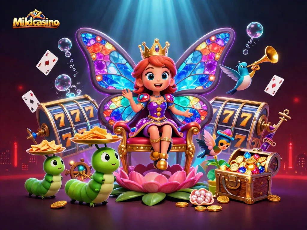 Mildcasino offers exciting slots with vibrant animations featuring a butterfly queen and golden treasures.