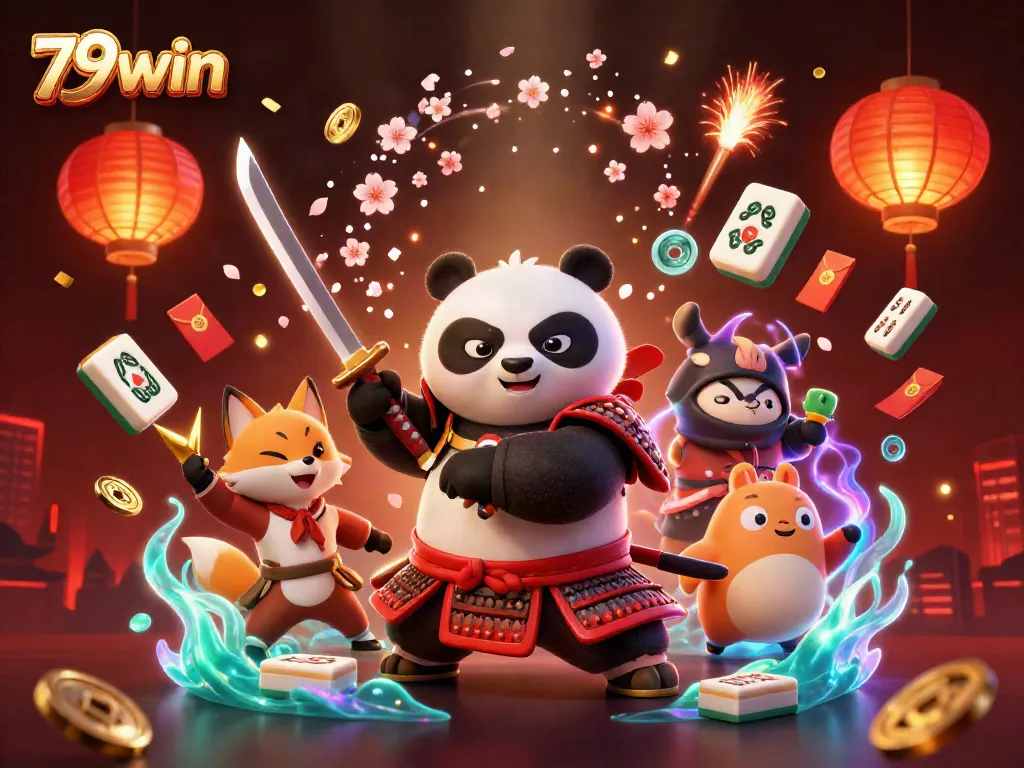 Experience thrilling gameplay with 79win's vibrant characters like a samurai panda and ninja fox in action!