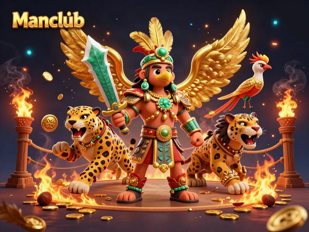 Experience thrilling wins at Manclub with Aztec-inspired gaming warriors and rich casino elements.