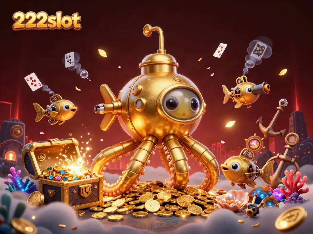 Menangkan permainan slot di 222slot dengan kraken emas dan harta karun yang bersinar.