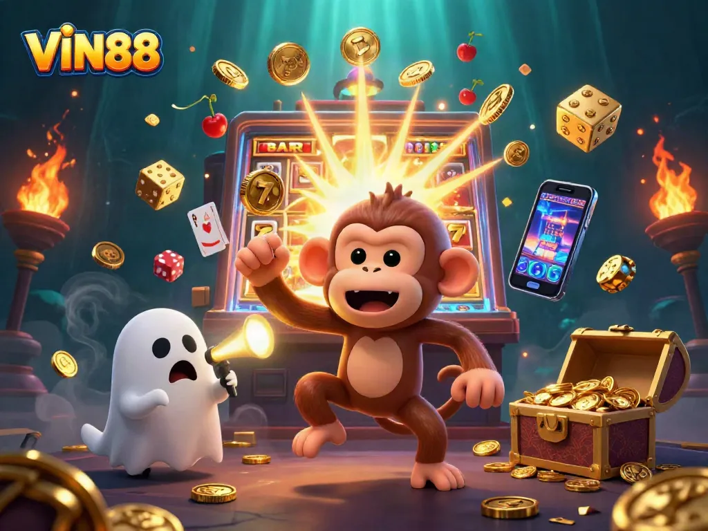 VIN88 showcases a thrilling casino scene with a mischievous monkey and ghost-hunting puppy, surrounded by exciting gaming elements.