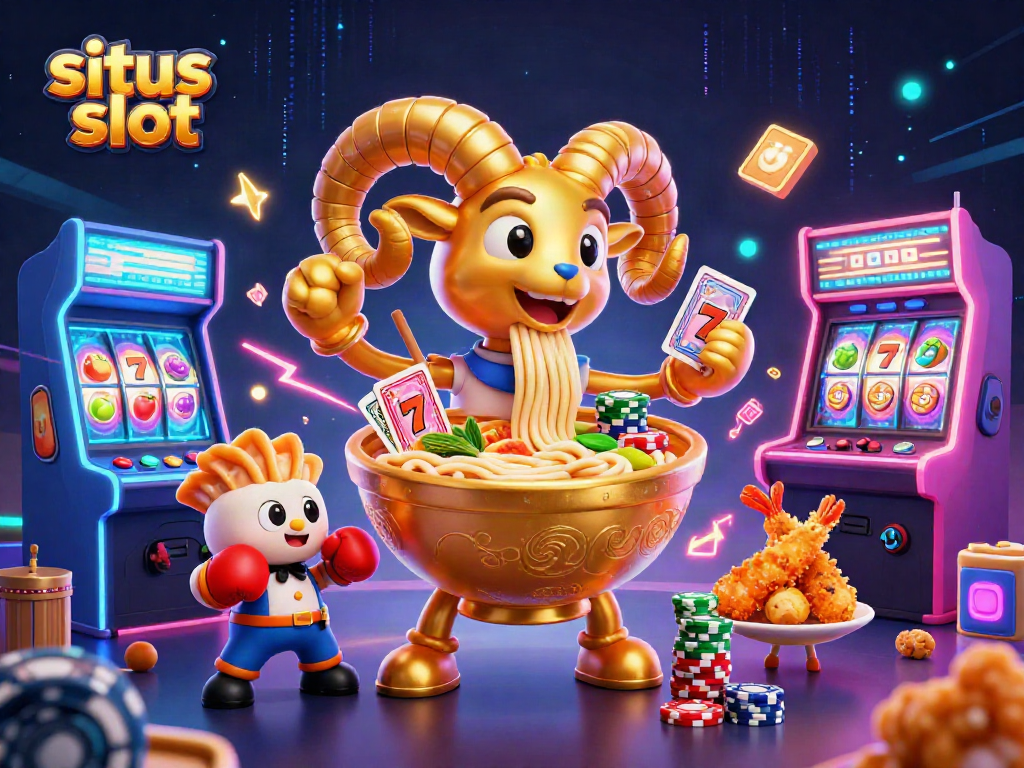 Join the fun at situs slot with a vibrant scene of a ramen bowl dealer and vibrant casino elements.