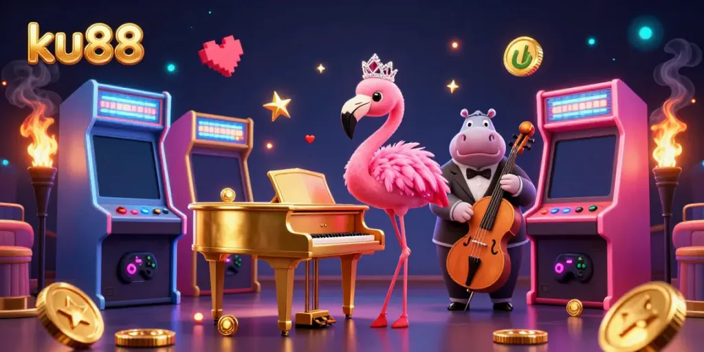 Engage with ku88's vibrant casino atmosphere featuring lively characters and arcade games.