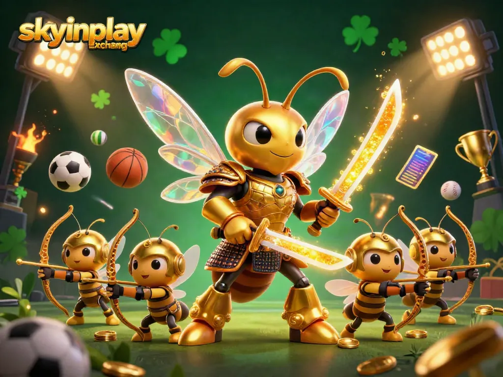 Experience thrilling action with the skyinplay exchange through a dynamic illustration of a golden hornet samurai, surrounded by vibrant sports elements.