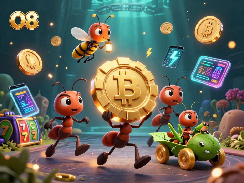 Join the O8 casino excitement with ants heisting a giant poker chip amidst vibrant 3D casino elements.