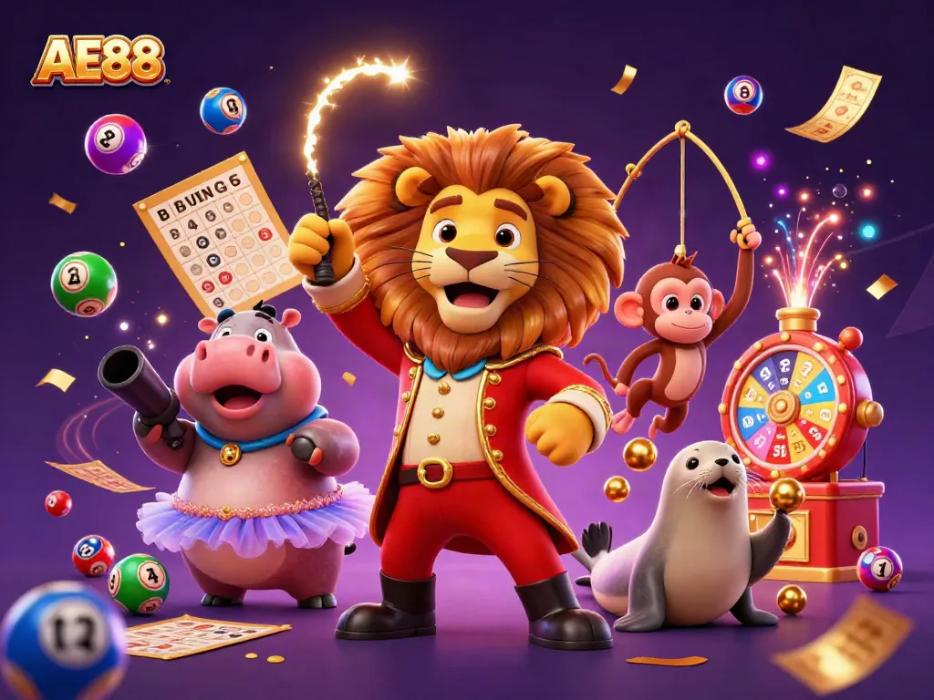 Engage in vibrant lottery excitement with AE88 as whimsical characters celebrate wins around colorful games.