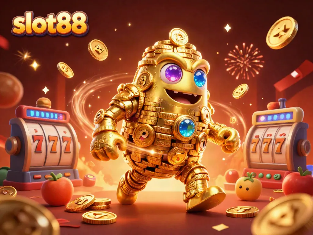 Permainan slot88 yang seru dengan karakter golem emas memikat dan simbol mesin slot yang berkelip-kelip.