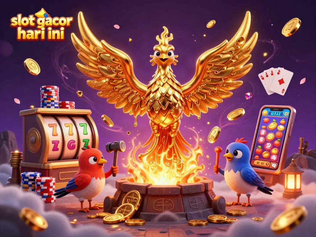 Engage with slot gacor hari ini as a golden phoenix emerges from a forge, surrounded by casino elements.
