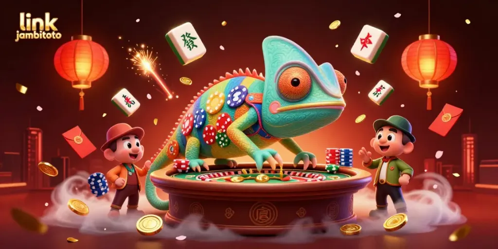 Engage with link jambitoto in a vibrant 3D casino illustration showcasing a colorful chameleon owner and dynamic game elements.