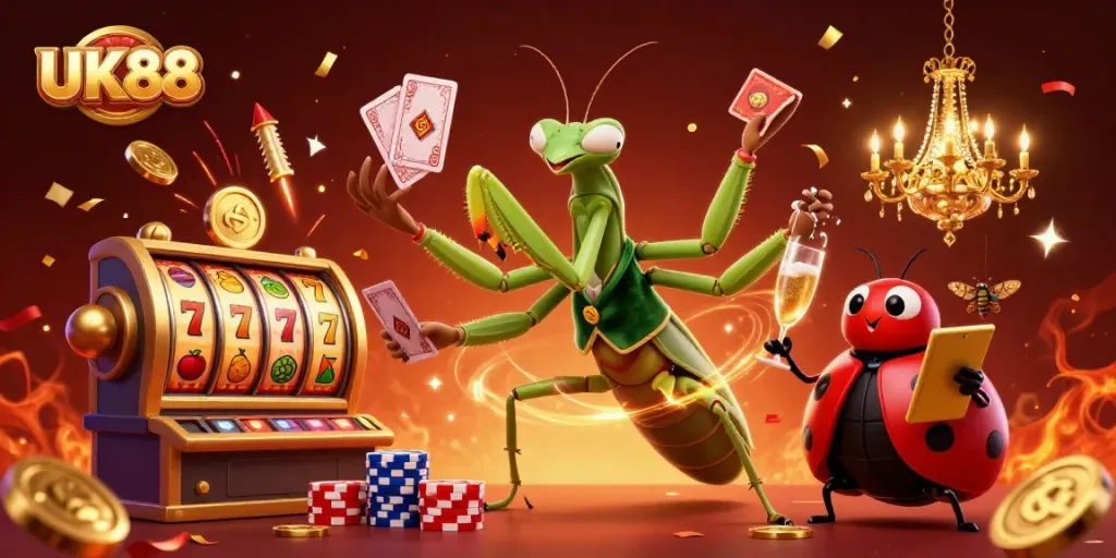Win big with UK88 in a vibrant 3D casino scene featuring animated characters and classic gambling elements.