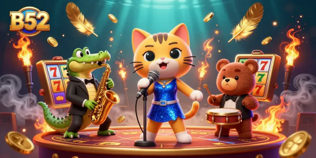 B52 slots come alive with a lively jazz-singer cat, saxophone crocodile, and drum-playing bear in a vibrant casino scene.