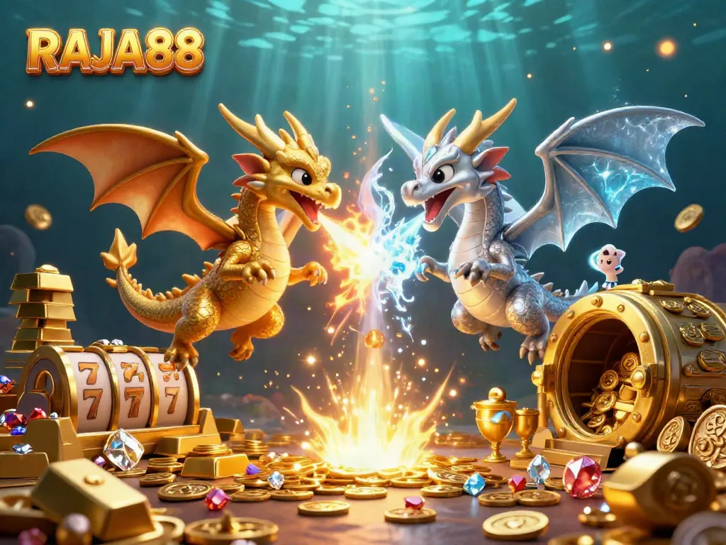 Permainan slot RAJA88 dengan dua naga 3D berwarna emas dan perak, melawan elemen api dan es.