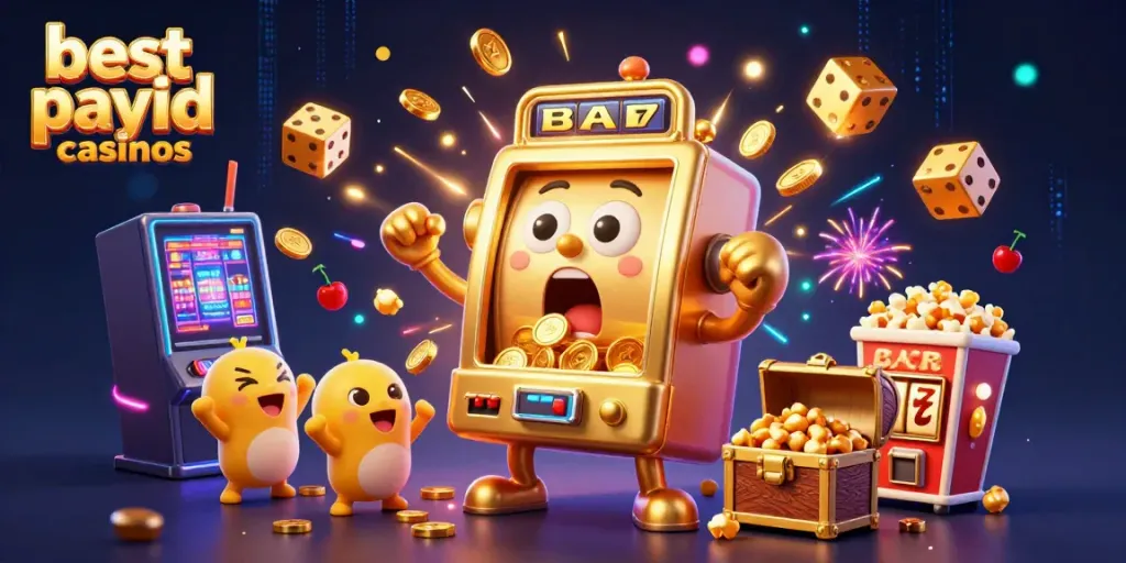 Experience the excitement at the best payid casinos with a golden slot machine winning a jackpot surrounded by cheering machines.