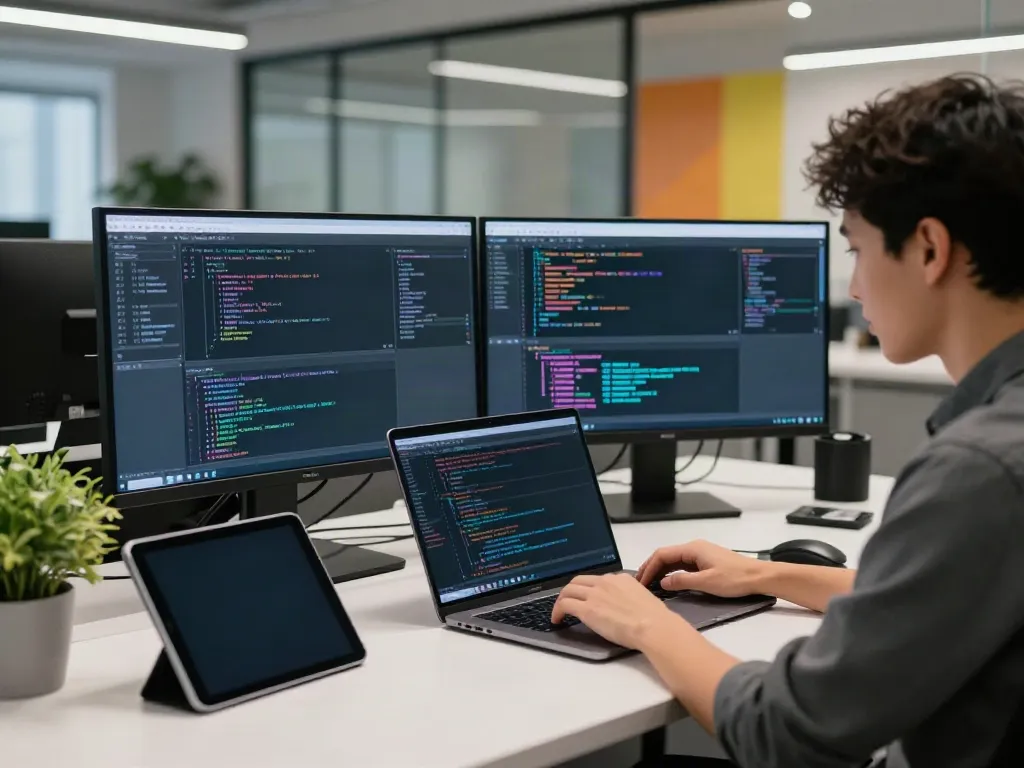 A80 information platform workspace with a developer coding on dual monitors in a modern office.