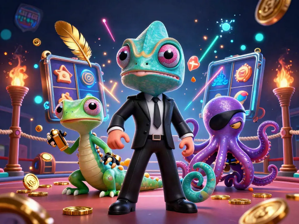 Immerse in the thrilling world of SKY 88 as a chameleon agent, tech gecko, and octopus villain engage in colorful slots and vibrant casino action.
