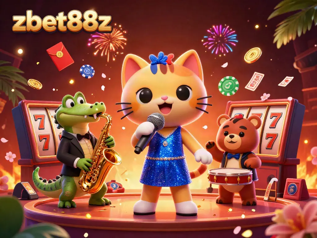 Experience winning on zbet88z with vibrant characters and casino elements in a lively 3D illustration.