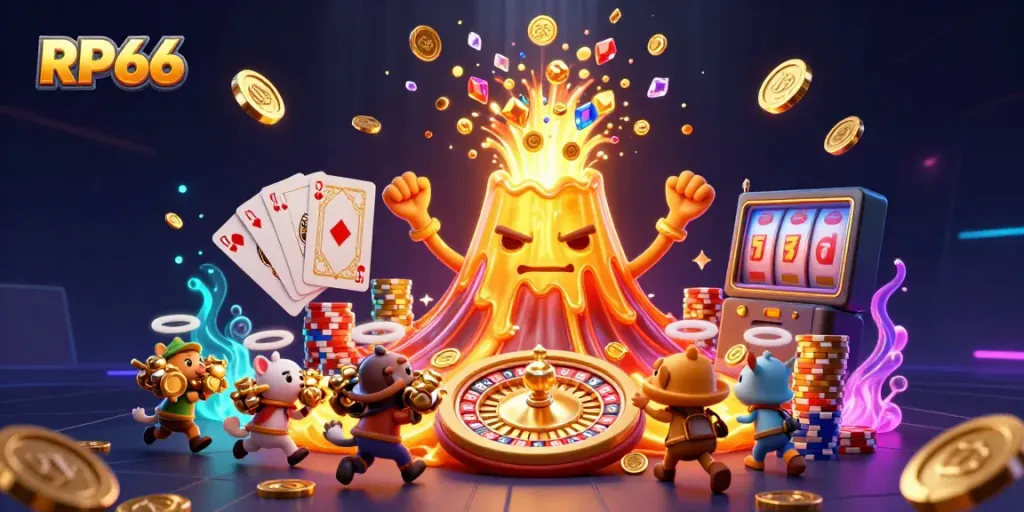 Experience the thrill of RP66 with a golden volcano erupting coins and gems, embodying casino excitement.