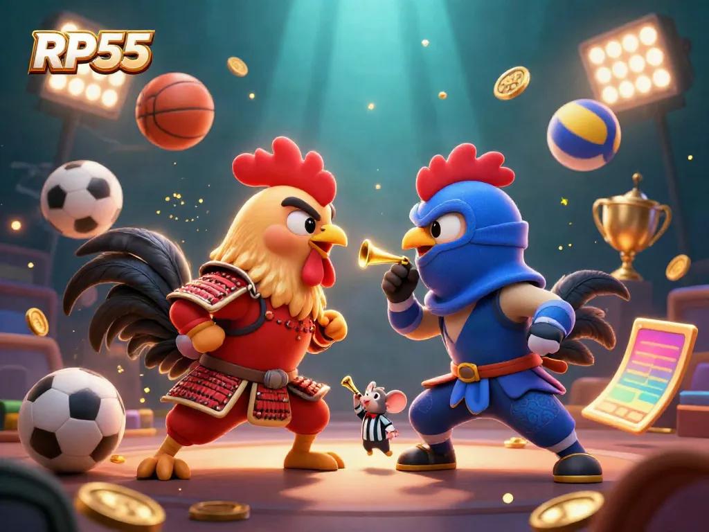 Experience the thrill of RP55 with battling roosters, dynamic sports elements, and casino vibes.