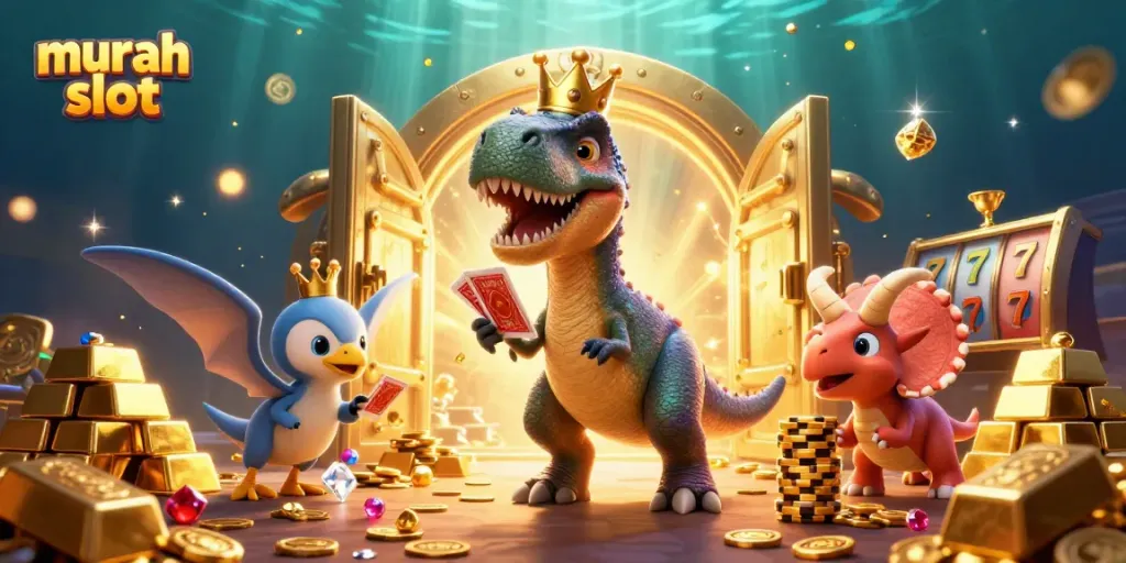 Slot murah yang mengasyikkan dengan karakter dinosaurus dan elemen kasino yang berkilauan.