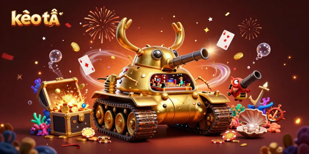 Experience exciting kèo trực tuyến action with golden beetle tank and vibrant casino scene