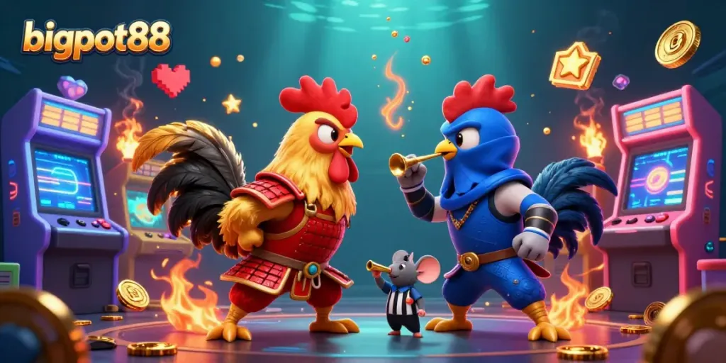 Bigpot88 menampilkan ayam petarung dalam pertarungan seru di arena kasino virtual.