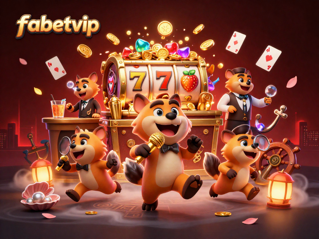 Engage with fabetvip in a dynamic casino scene with cartoon hyenas, slot machines, and vibrant details.