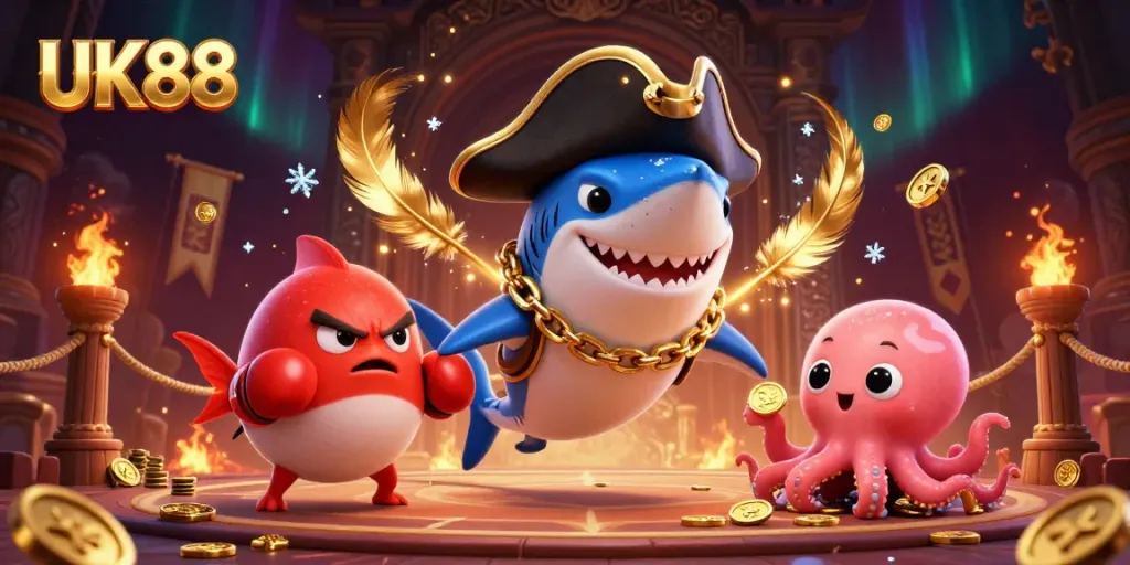 Engage with UK88's vibrant online casino scene showcasing energetic characters and dynamic gaming elements.