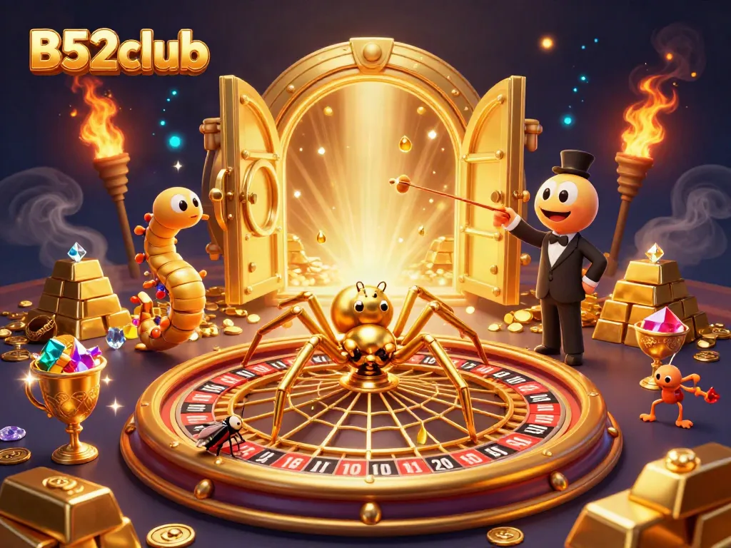 Experience the thrill of B52club with playful characters in a vibrant casino scene.